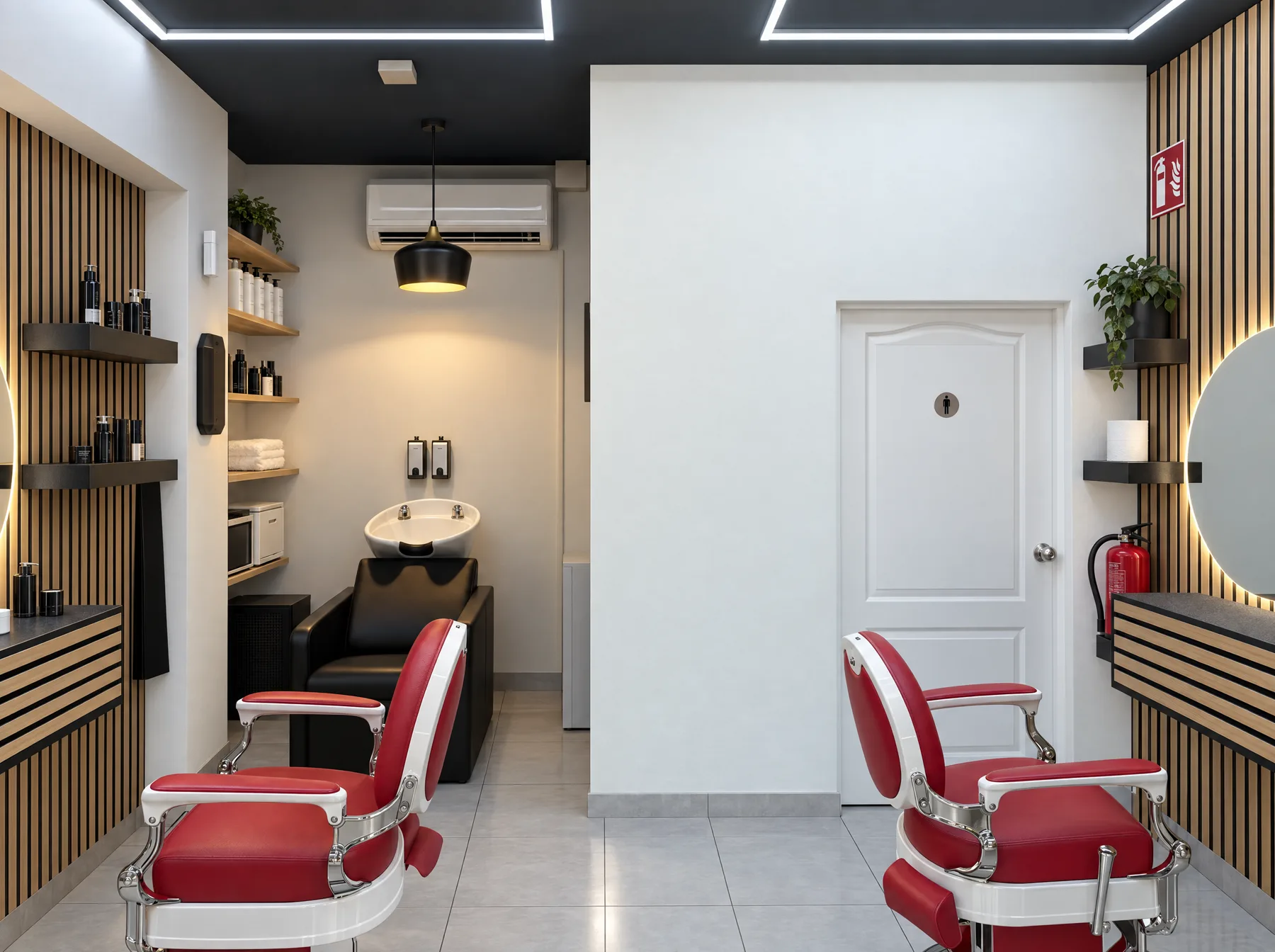 El fondo de The Brothers Barbershop: el lavacabezas con sillón negro bajo una lámpara colgante y la puerta blanca del baño