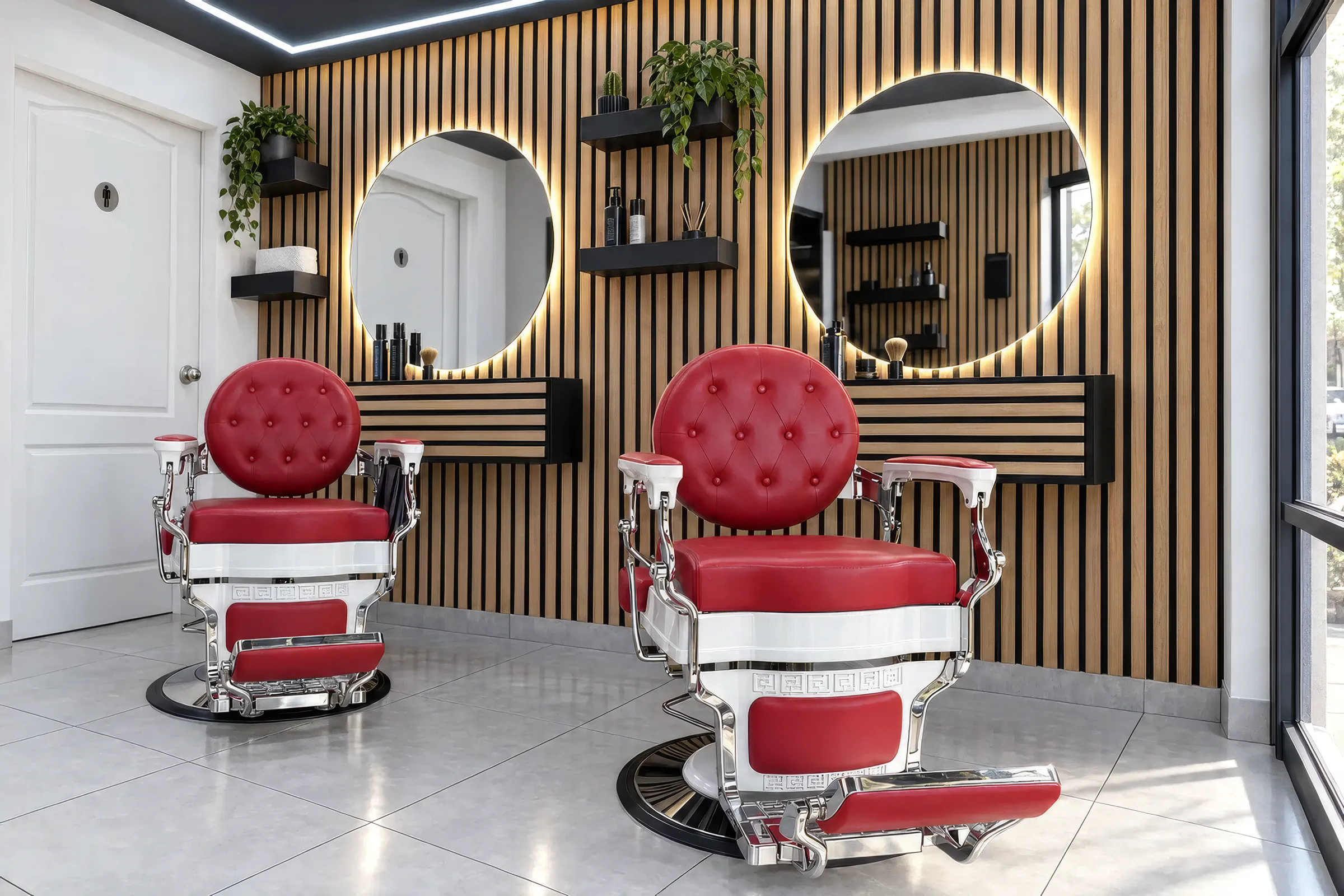Interior de The Brothers Barbershop: sillas de barbero rojas delante de la pared de listones de roble y espejos redondos iluminados