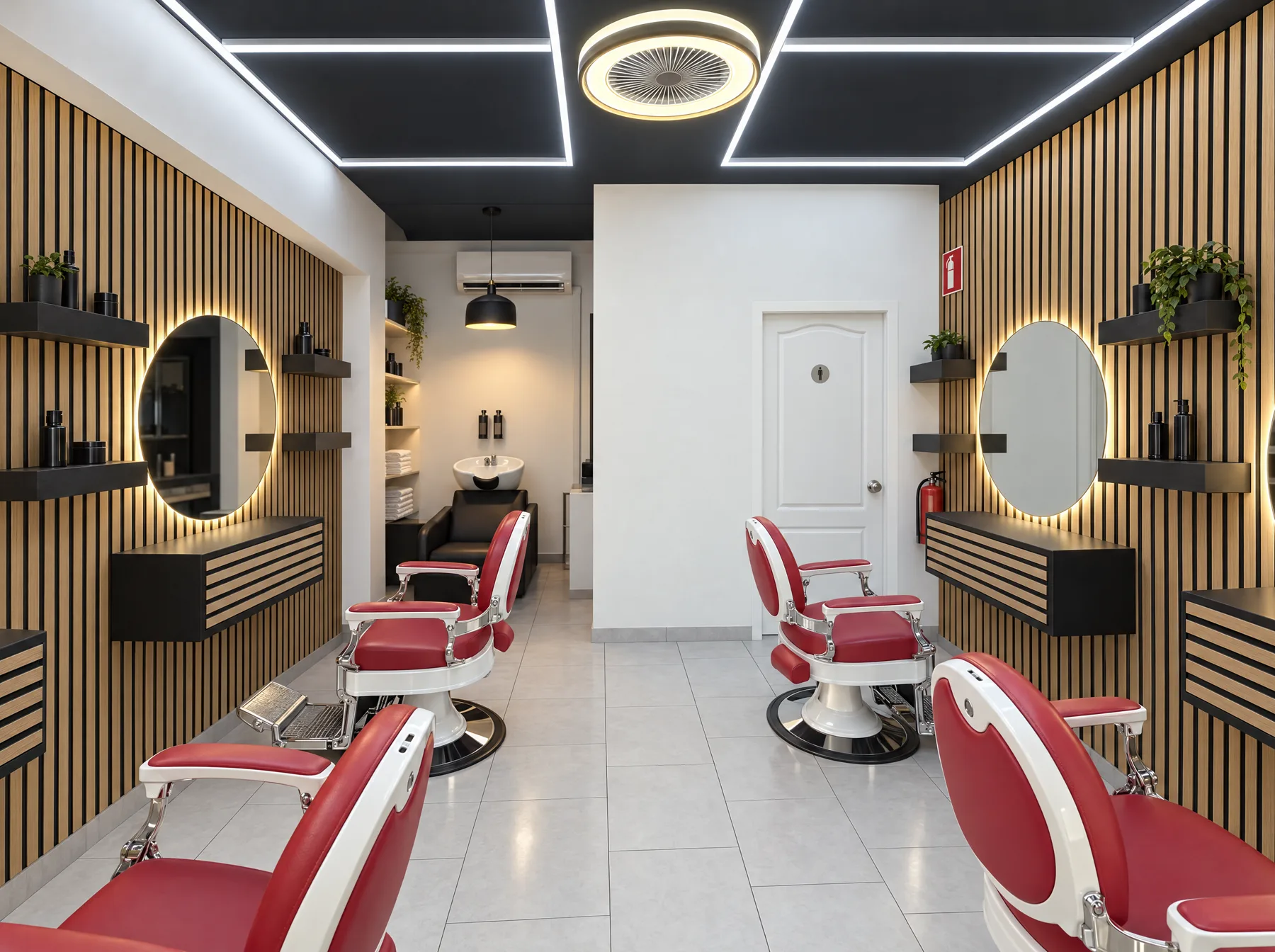 The Brothers Barbershop desde la puerta: dos sillas de barbero rojas y blancas a cada lado, paredes de listones con espejos redondos iluminados, techo negro con una cruz de tiras LED blancas